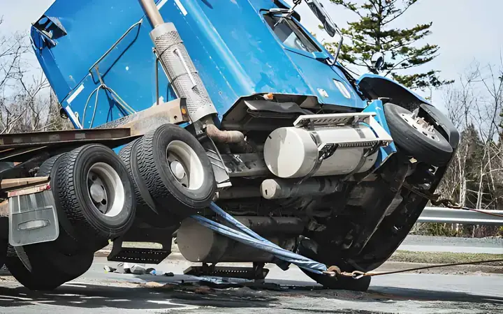 Recovery truck hauling a wrecked blue semi cab after an accident