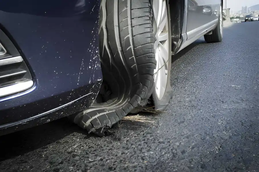 Blown-out flat tire on a dark car at the roadside