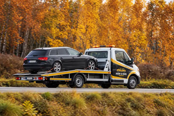 Hook & Haul flatbed tow truck carrying a dark SUV past autumn trees