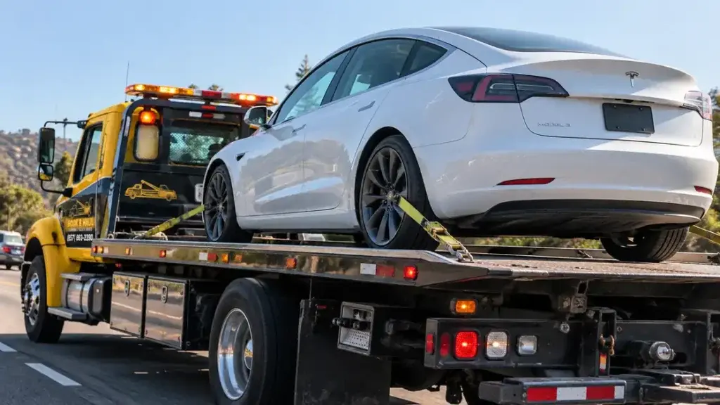 White Tesla secured with straps on a Hook & Haul flatbed tow truck