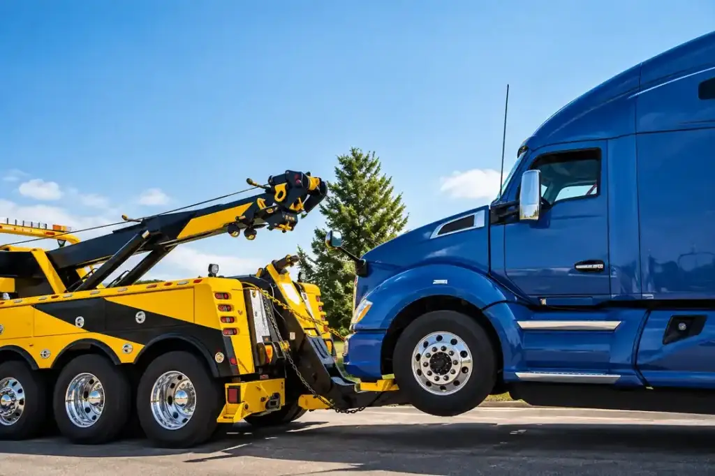 Yellow heavy-duty wrecker towing a blue semi truck