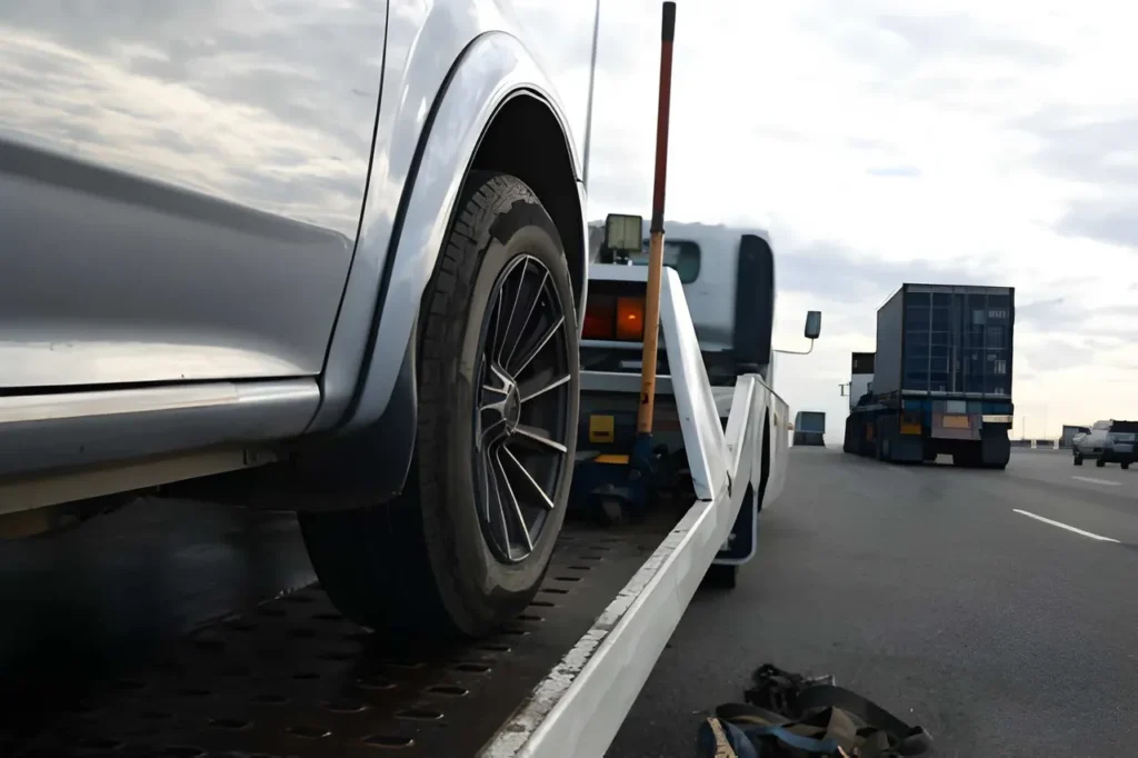 Silver car wheel strapped to a flatbed tow truck on a busy highway