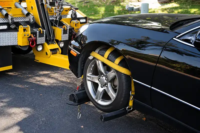 Black luxury car with a wheel held by yellow straps on a tow rig