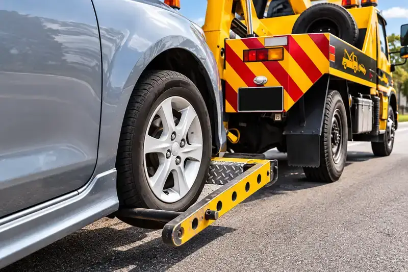 Silver sedan lifted by a yellow wheel-lift tow truck on a city street