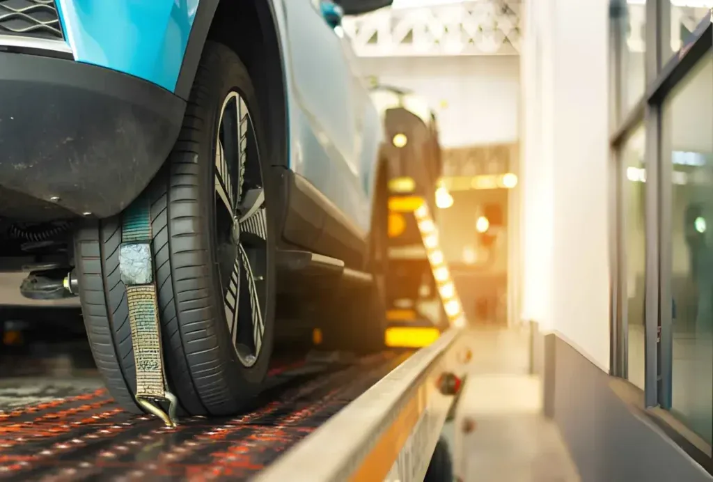 Car wheel with a soft strap on a tow truck bed beside a sunlit building